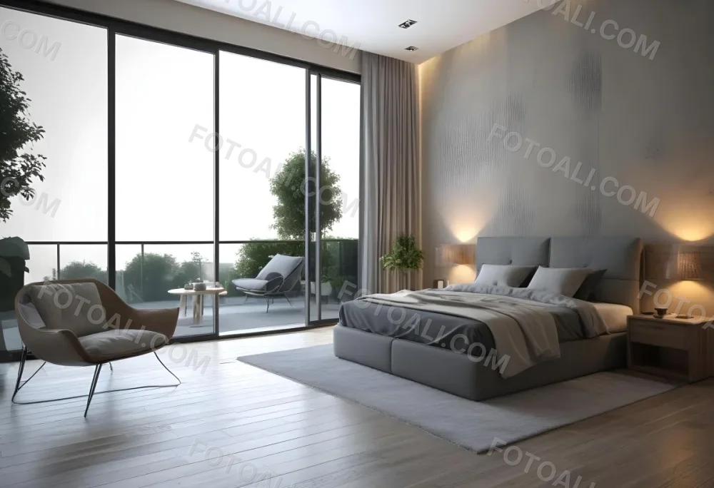 3d Model Modern Bedroom Featuring A Large Bed With Gray Bedding And A Textured Wall A Cozy Armchair Is Positioned Near A Small Table The Room Has Large Glass Doors Leading To A Balcony With Greenery Visible Outside 38 D1c1