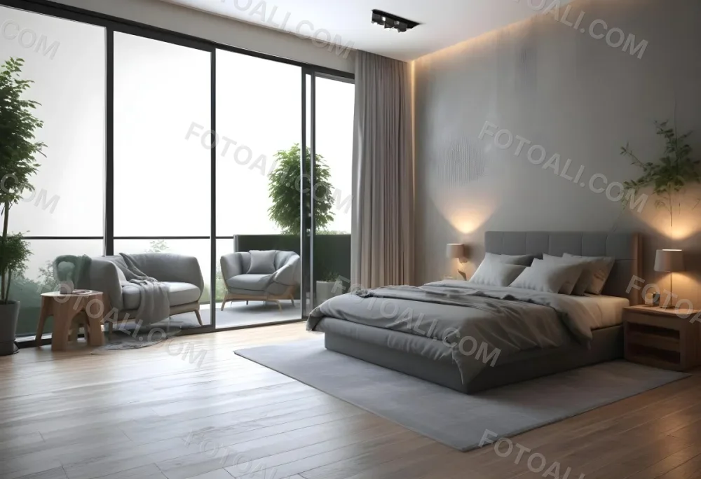 3d Model Modern Bedroom Featuring A Large Bed With Gray Bedding And A Textured Wall A Cozy Armchair Is Positioned Near A Small Table The Room Has Large Glass Doors Leading To A Balcony With Greenery Visible Outside 41 F96f