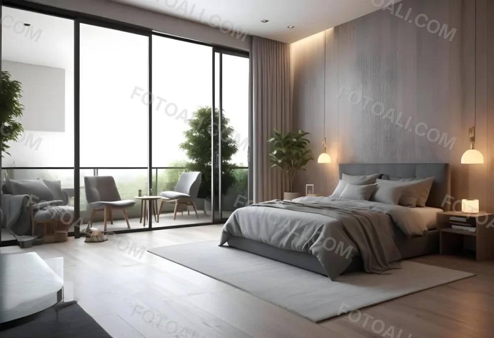 3d Model Modern Bedroom Featuring A Large Bed With Gray Bedding And A Textured Wall A Cozy Armchair Is Positioned Near A Small Table The Room Has Large Glass Doors Leading To A Balcony With Greenery Visible Outside 47 00ff