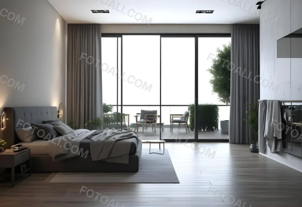 3d Model Modern Bedroom Featuring A Large Bed With Gray Bedding And A Textured Wall A Cozy Armchair Is Positioned Near A Small Table The Room Has Large Glass Doors Leading To A Balcony With Greenery Visible Outside 5 05ae