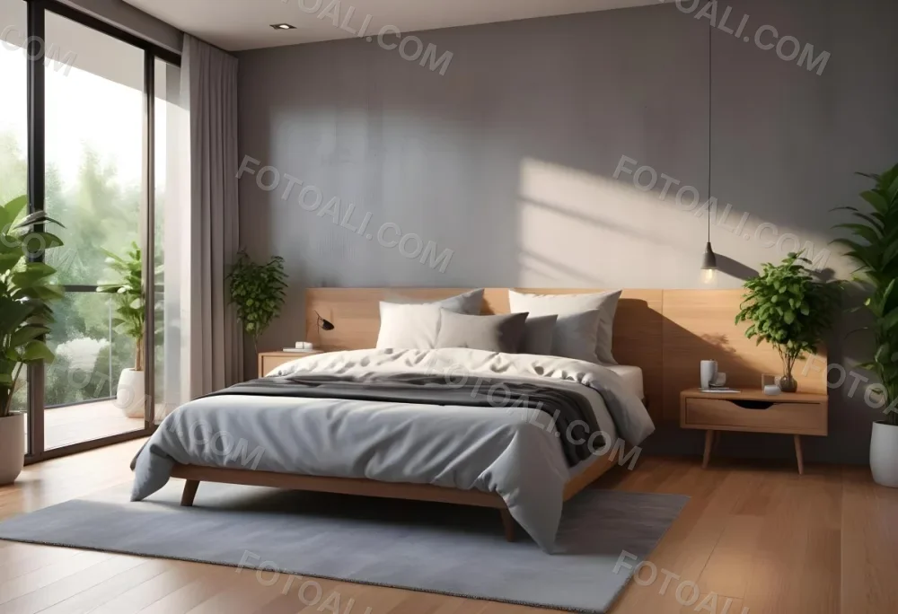 3d Model Modern Bedroom Featuring A Large Bed With Gray Bedding And A Textured Wall A Cozy Armchair Is Positioned Near A Small Table The Room Has Large Glass Doors Leading To A Balcony With Greenery Visible Outside 50 Afa9