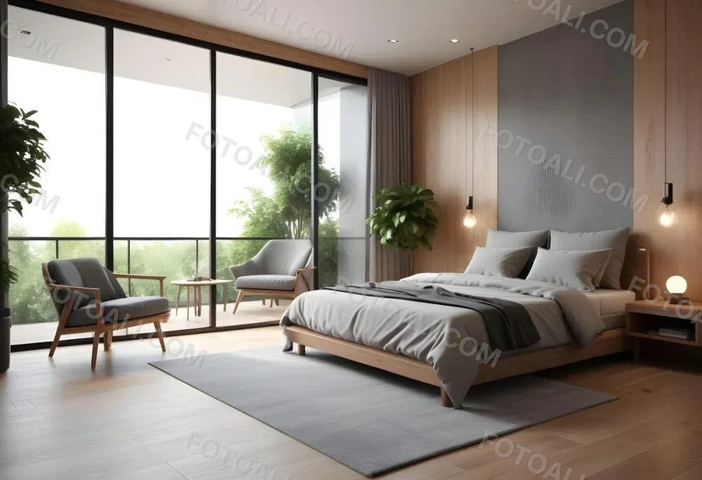 3d Model Modern Bedroom Featuring A Large Bed With Gray Bedding And A Textured Wall A Cozy Armchair Is Positioned Near A Small Table The Room Has Large Glass Doors Leading To A Balcony With Greenery Visible Outside 54 343b