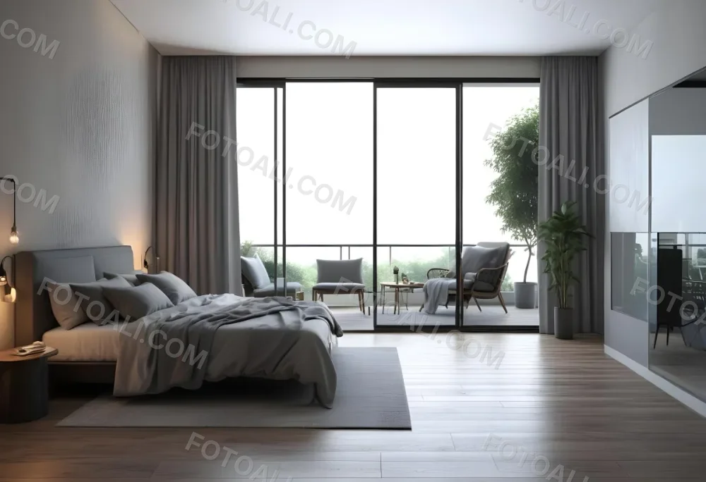 3d Model Modern Bedroom Featuring A Large Bed With Gray Bedding And A Textured Wall A Cozy Armchair Is Positioned Near A Small Table The Room Has Large Glass Doors Leading To A Balcony With Greenery Visible Outside 9 543c