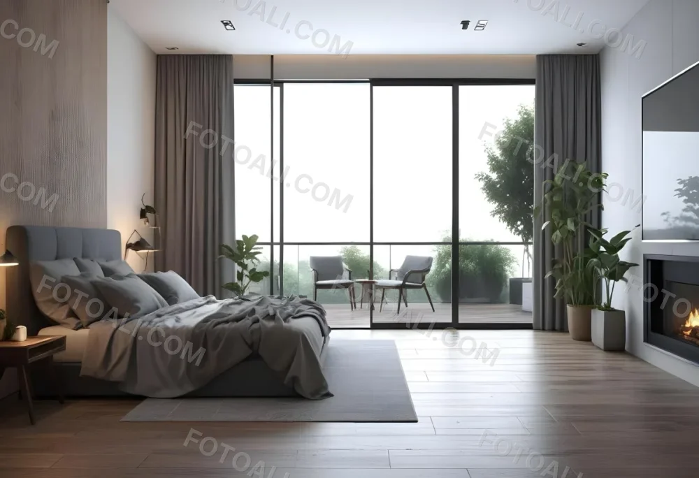 3d Model Modern Bedroom With A Large Bed Featuring A Gray Blanket Wooden Flooring And Large Windows The Windows Open To A Balcony With Outdoor Seating And Greenery The Room Has Soft Lighting And Elegant Curtains Fi 12 B64c