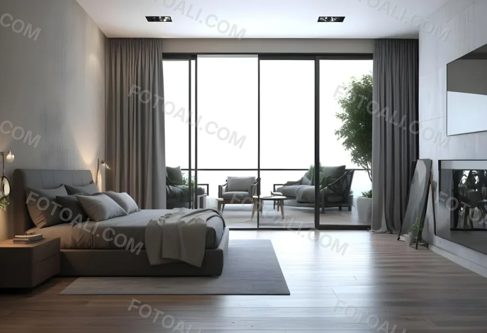 3d Model Modern Bedroom With A Large Bed Featuring A Gray Blanket Wooden Flooring And Large Windows The Windows Open To A Balcony With Outdoor Seating And Greenery The Room Has Soft Lighting And Elegant Curtains Fi 17 F727