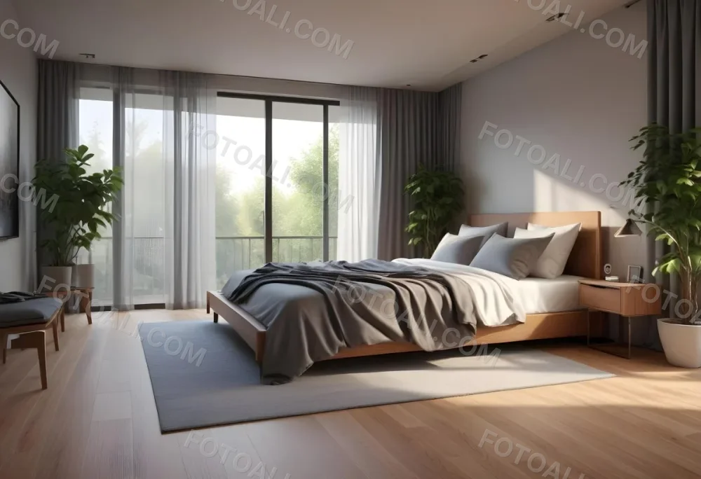 3d Model Modern Bedroom With A Large Bed Featuring A Gray Blanket Wooden Flooring And Large Windows The Windows Open To A Balcony With Outdoor Seating And Greenery The Room Has Soft Lighting And Elegant Curtains Fi 19 676a