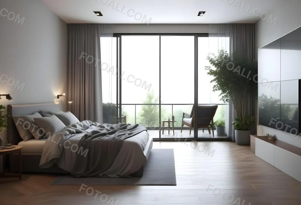 3d Model Modern Bedroom With A Large Bed Featuring A Gray Blanket Wooden Flooring And Large Windows The Windows Open To A Balcony With Outdoor Seating And Greenery The Room Has Soft Lighting And Elegant Curtains Fi 20 A4c4