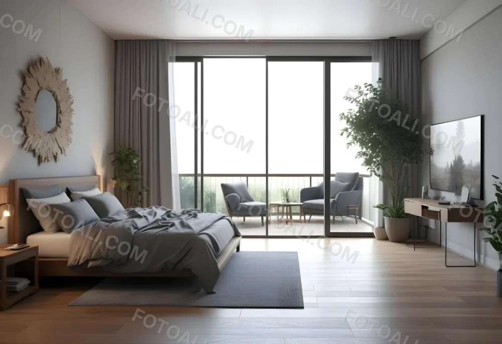3d Model Modern Bedroom With A Large Bed Featuring A Gray Blanket Wooden Flooring And Large Windows The Windows Open To A Balcony With Outdoor Seating And Greenery The Room Has Soft Lighting And Elegant Curtains Fi 22 4879