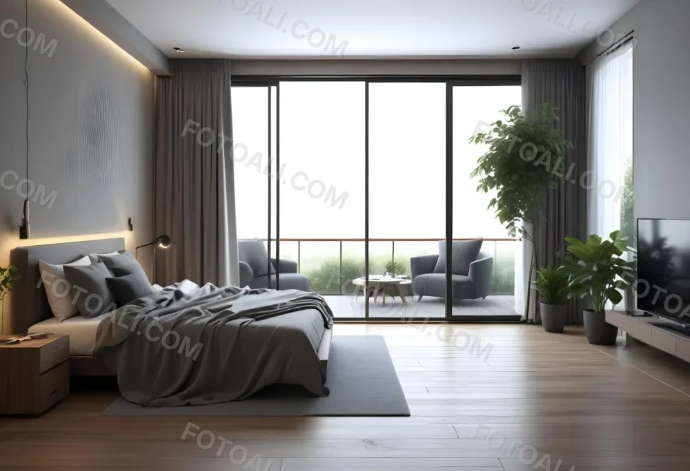 3d Model Modern Bedroom With A Large Bed Featuring A Gray Blanket Wooden Flooring And Large Windows The Windows Open To A Balcony With Outdoor Seating And Greenery The Room Has Soft Lighting And Elegant Curtains Fi 23 3116
