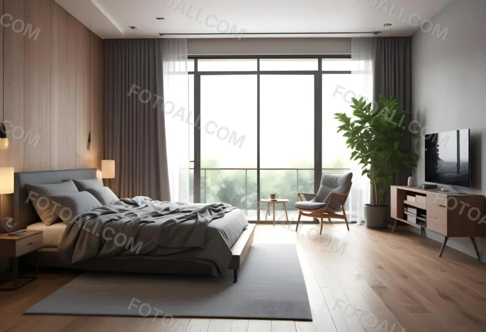 3d Model Modern Bedroom With A Large Bed Featuring A Gray Blanket Wooden Flooring And Large Windows The Windows Open To A Balcony With Outdoor Seating And Greenery The Room Has Soft Lighting And Elegant Curtains Fi 24 676c