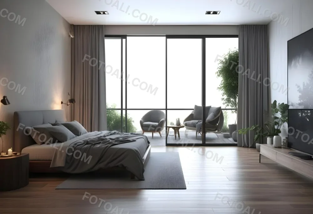 3d Model Modern Bedroom With A Large Bed Featuring A Gray Blanket Wooden Flooring And Large Windows The Windows Open To A Balcony With Outdoor Seating And Greenery The Room Has Soft Lighting And Elegant Curtains Fi 3 Bf46