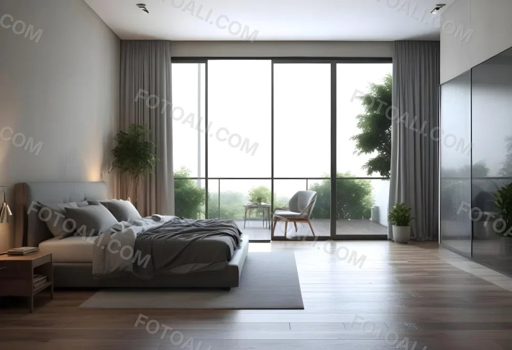 3d Model Modern Bedroom With A Large Bed Featuring A Gray Blanket Wooden Flooring And Large Windows The Windows Open To A Balcony With Outdoor Seating And Greenery The Room Has Soft Lighting And Elegant Curtains Fi 5 Ce5c