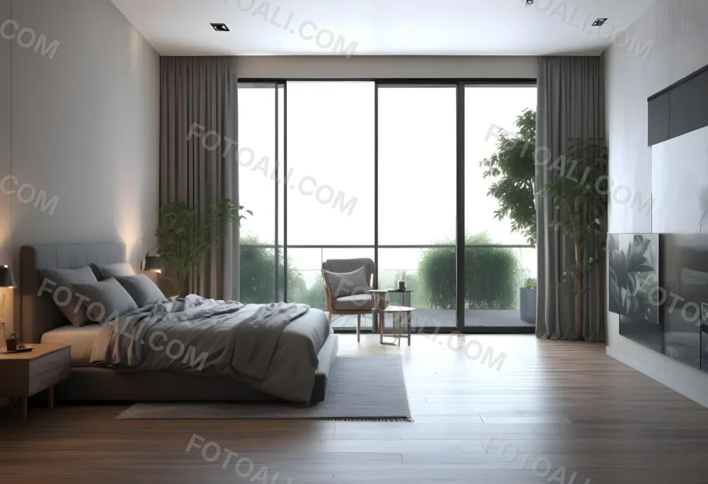 3d Model Modern Bedroom With A Large Bed Featuring A Gray Blanket Wooden Flooring And Large Windows The Windows Open To A Balcony With Outdoor Seating And Greenery The Room Has Soft Lighting And Elegant Curtains Fi 7 B9dd