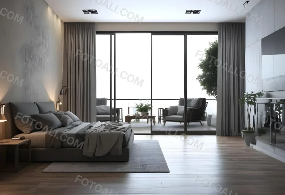 3d Model Modern Bedroom With A Large Bed Featuring A Gray Blanket Wooden Flooring And Large Windows The Windows Open To A Balcony With Outdoor Seating And Greenery The Room Has Soft Lighting And Elegant Curtains Fi 8 F87a
