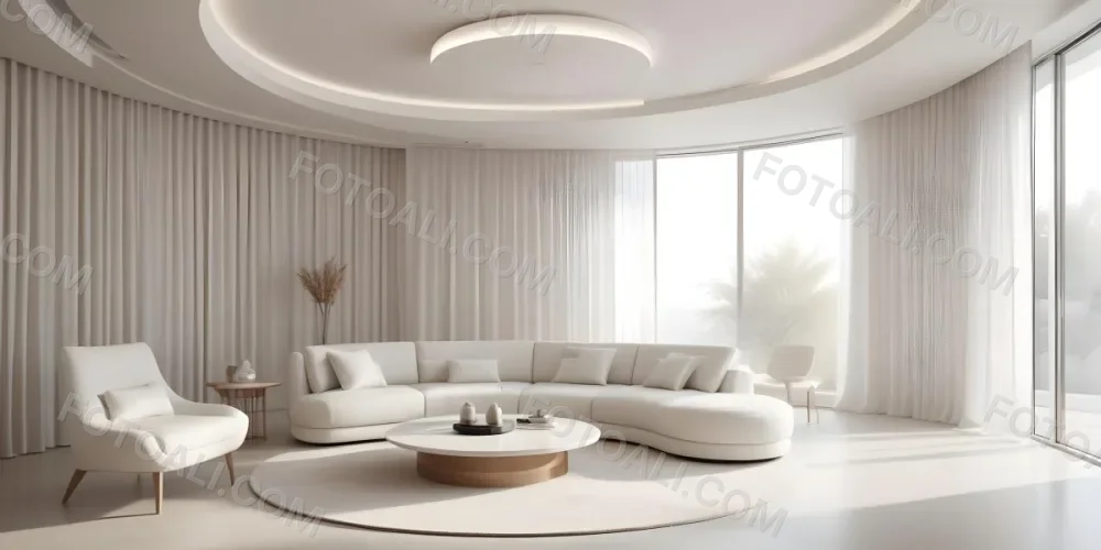 3d Model Modern Interior Space Featuring A Minimalist Design With White Walls And Furniture The Room Includes A Curved Wall Texture A Round Coffee Table And A Small White Chair Natural Light Enters Through Small Wind 10 D44e