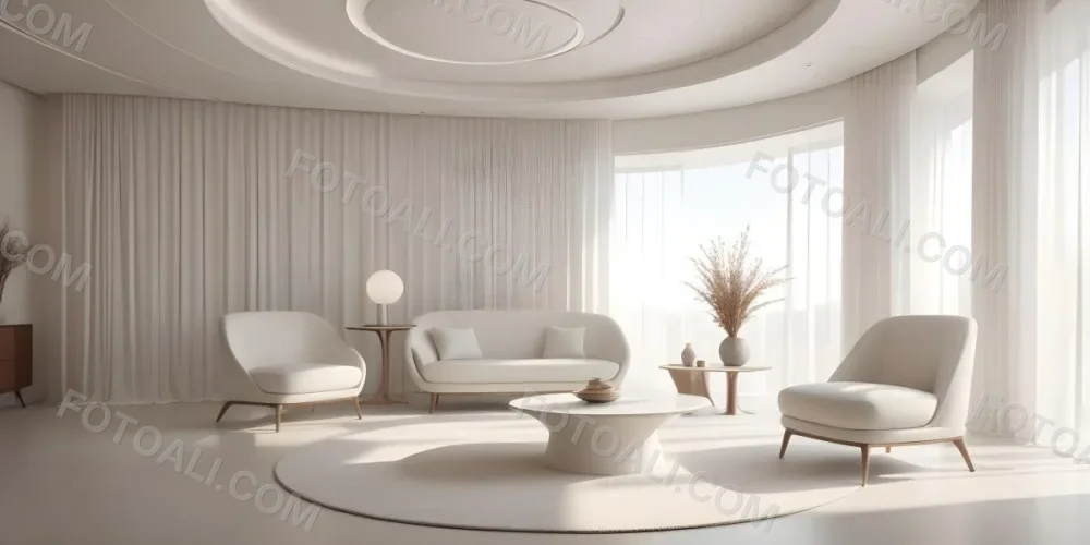 3d Model Modern Interior Space Featuring A Minimalist Design With White Walls And Furniture The Room Includes A Curved Wall Texture A Round Coffee Table And A Small White Chair Natural Light Enters Through Small Wind 14 D7c8