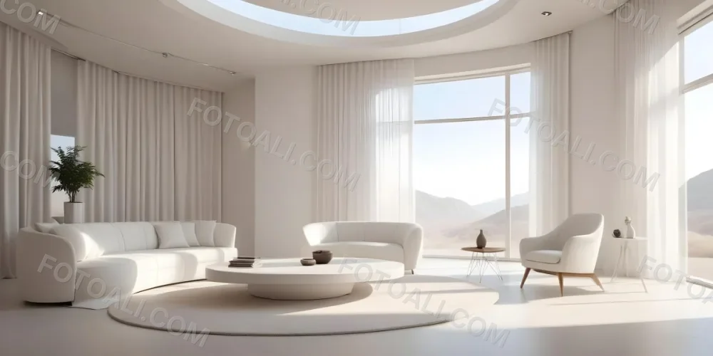 3d Model Modern Interior Space Featuring A Minimalist Design With White Walls And Furniture The Room Includes A Curved Wall Texture A Round Coffee Table And A Small White Chair Natural Light Enters Through Small Wind 16 4e98