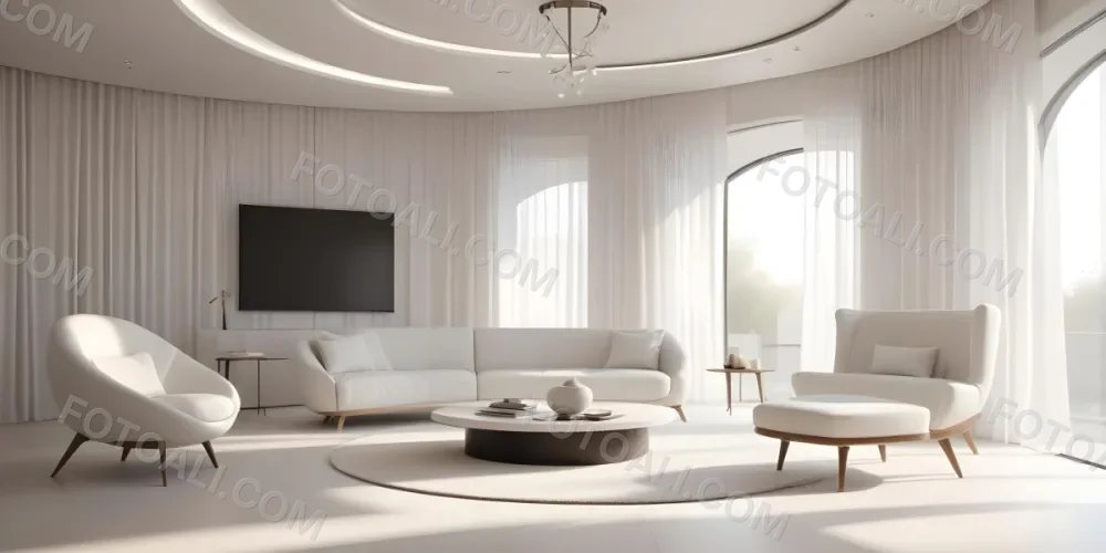 3d Model Modern Interior Space Featuring A Minimalist Design With White Walls And Furniture The Room Includes A Curved Wall Texture A Round Coffee Table And A Small White Chair Natural Light Enters Through Small Wind 17 5874