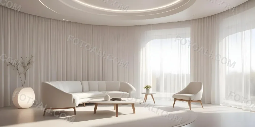 3d Model Modern Interior Space Featuring A Minimalist Design With White Walls And Furniture The Room Includes A Curved Wall Texture A Round Coffee Table And A Small White Chair Natural Light Enters Through Small Wind 2 5e82