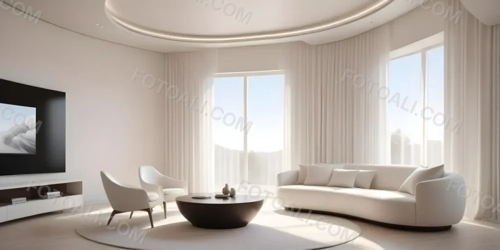 3d Model Modern Interior Space Featuring A Minimalist Design With White Walls And Furniture The Room Includes A Curved Wall Texture A Round Coffee Table And A Small White Chair Natural Light Enters Through Small Wind 23 971f