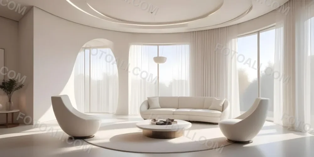 3d Model Modern Interior Space Featuring A Minimalist Design With White Walls And Furniture The Room Includes A Curved Wall Texture A Round Coffee Table And A Small White Chair Natural Light Enters Through Small Wind 25 7576