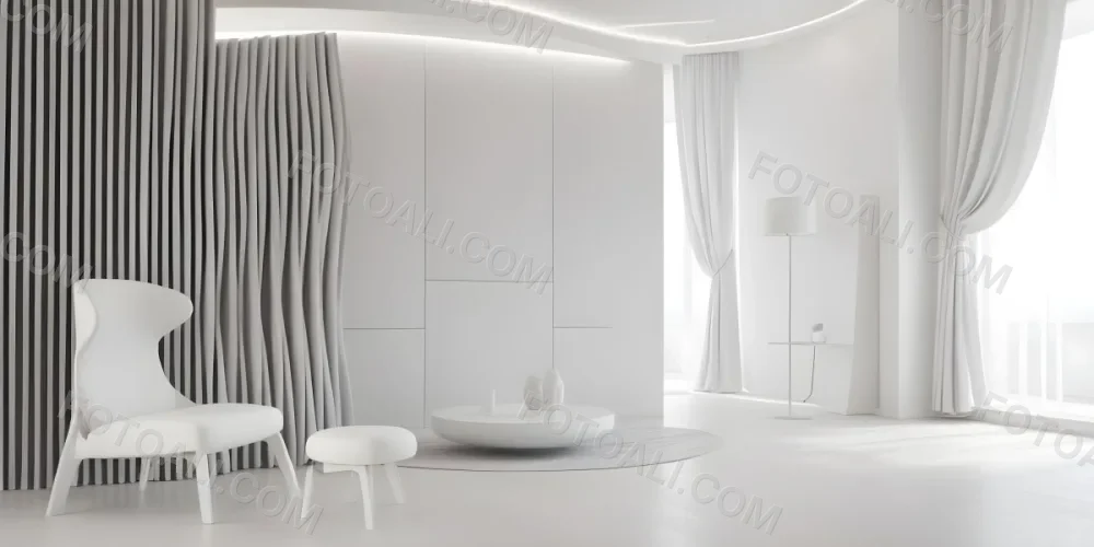 3d Model Modern Interior Space Featuring A Minimalist Design With White Walls And Furniture The Room Includes A Curved Wall Texture A Round Coffee Table And A Small White Chair Natural Light Enters Through Small Wind 28 9e8d