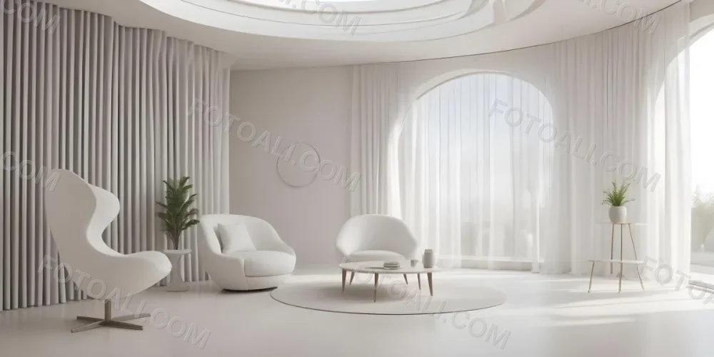 3d Model Modern Interior Space Featuring A Minimalist Design With White Walls And Furniture The Room Includes A Curved Wall Texture A Round Coffee Table And A Small White Chair Natural Light Enters Through Small Wind 3 4be4