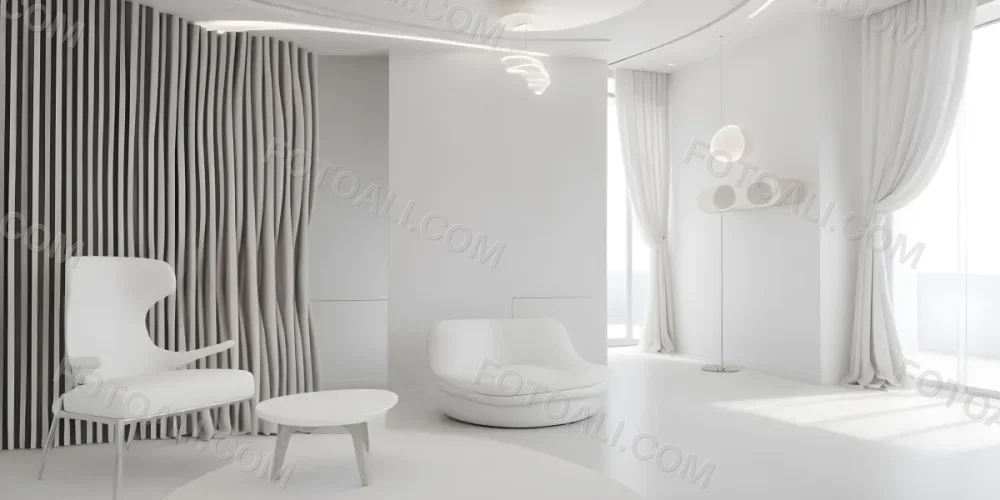 3d Model Modern Interior Space Featuring A Minimalist Design With White Walls And Furniture The Room Includes A Curved Wall Texture A Round Coffee Table And A Small White Chair Natural Light Enters Through Small Wind 30 D95a
