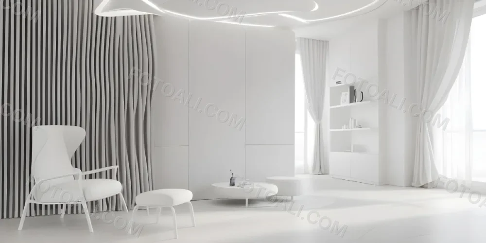 3d Model Modern Interior Space Featuring A Minimalist Design With White Walls And Furniture The Room Includes A Curved Wall Texture A Round Coffee Table And A Small White Chair Natural Light Enters Through Small Wind 32 7db2