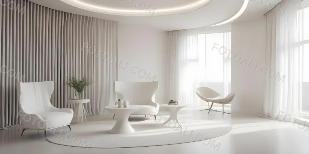 3d Model Modern Interior Space Featuring A Minimalist Design With White Walls And Furniture The Room Includes A Curved Wall Texture A Round Coffee Table And A Small White Chair Natural Light Enters Through Small Wind 33 5fef
