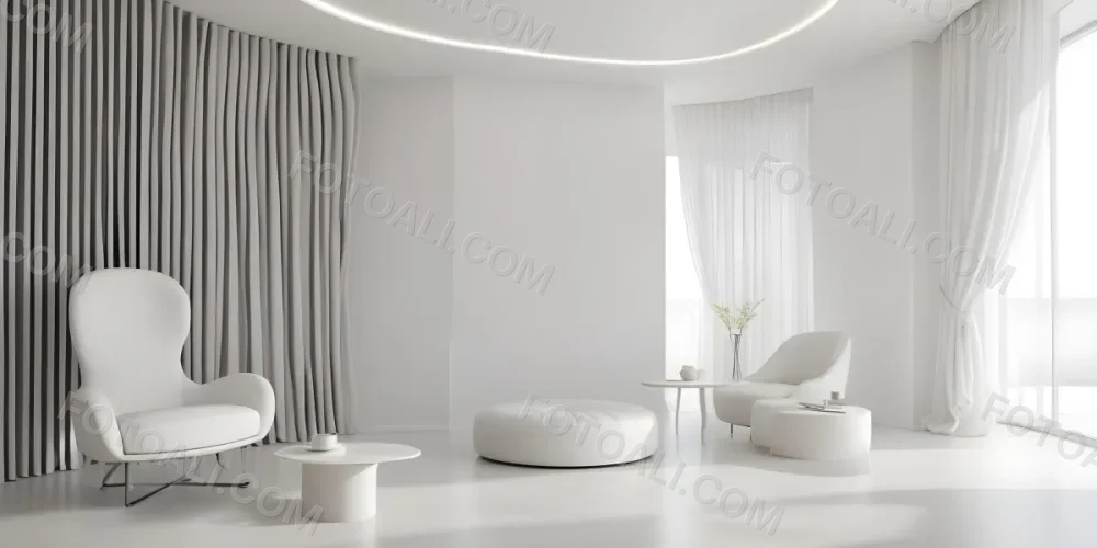 3d Model Modern Interior Space Featuring A Minimalist Design With White Walls And Furniture The Room Includes A Curved Wall Texture A Round Coffee Table And A Small White Chair Natural Light Enters Through Small Wind 34 B436