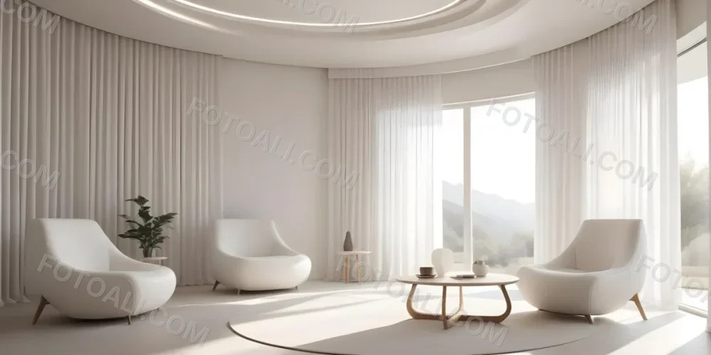 3d Model Modern Interior Space Featuring A Minimalist Design With White Walls And Furniture The Room Includes A Curved Wall Texture A Round Coffee Table And A Small White Chair Natural Light Enters Through Small Wind 4 21a1