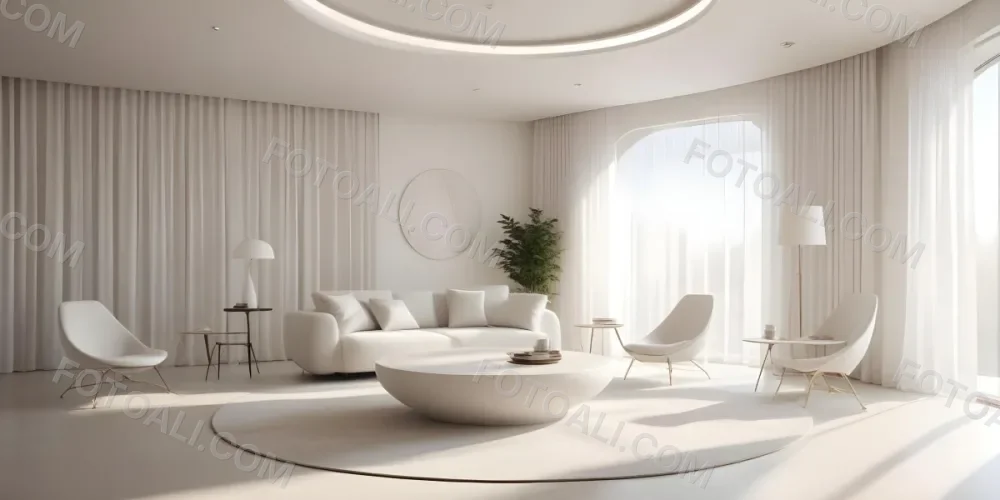3d Model Modern Interior Space Featuring A Minimalist Design With White Walls And Furniture The Room Includes A Curved Wall Texture A Round Coffee Table And A Small White Chair Natural Light Enters Through Small Wind 5 C867