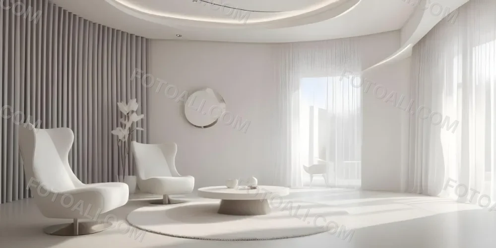 3d Model Modern Interior Space Featuring A Minimalist Design With White Walls And Furniture The Room Includes A Curved Wall Texture A Round Coffee Table And A Small White Chair Natural Light Enters Through Small Wind 6 2283