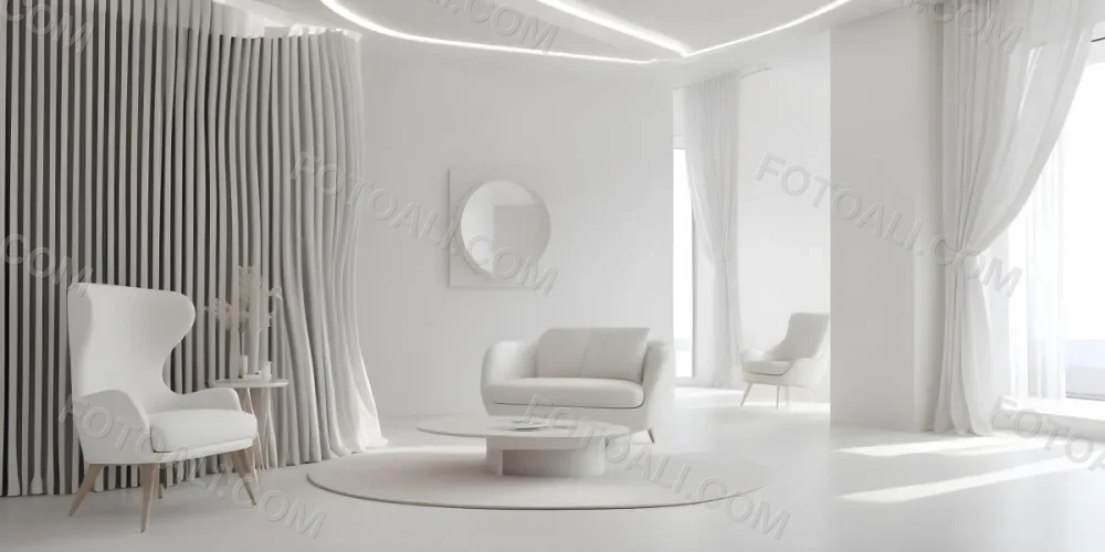 3d Model Modern Interior Space Featuring A Minimalist Design With White Walls And Furniture The Room Includes A Curved Wall Texture A Round Coffee Table And A Small White Chair Natural Light Enters Through Small Wind 8 9882