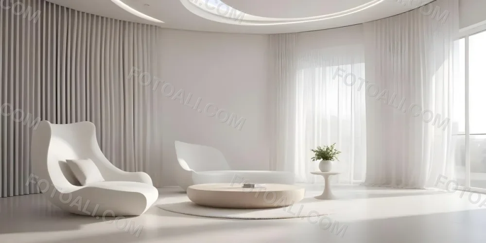 3d Model Modern Interior Space Featuring A Minimalist Design With White Walls And Furniture The Room Includes A Curved Wall Texture A Round Coffee Table And A Small White Chair Natural Light Enters Through Small Wind 9 D59d