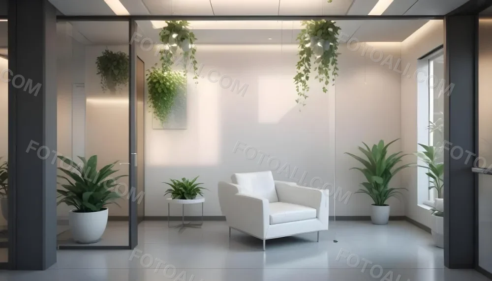 3d Model Modern Office Waiting Room With Frosted Glass Walls A White Lounge Chair And A Small Green Plant In The Background Figure Octane Render Volumetric Highly Detailed Videogame Aesthetic 16 4a80