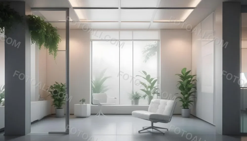 3d Model Modern Office Waiting Room With Frosted Glass Walls A White Lounge Chair And A Small Green Plant In The Background Figure Octane Render Volumetric Highly Detailed Videogame Aesthetic 19 6306