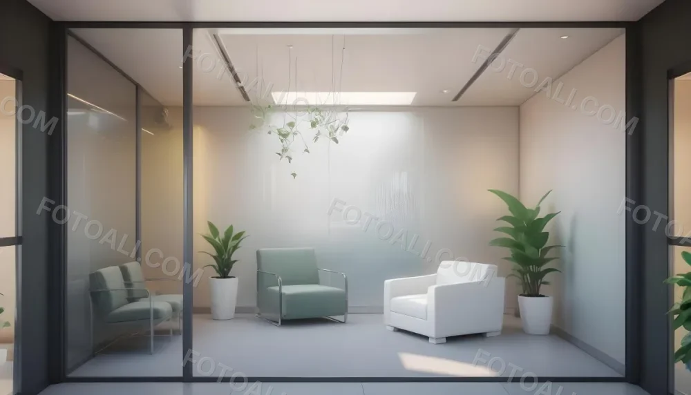 3d Model Modern Office Waiting Room With Frosted Glass Walls A White Lounge Chair And A Small Green Plant In The Background Figure Octane Render Volumetric Highly Detailed Videogame Aesthetic 2 44e2