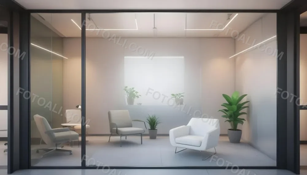 3d Model Modern Office Waiting Room With Frosted Glass Walls A White Lounge Chair And A Small Green Plant In The Background Figure Octane Render Volumetric Highly Detailed Videogame Aesthetic 3 58a1