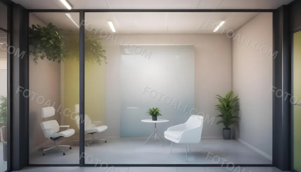 3d Model Modern Office Waiting Room With Frosted Glass Walls A White Lounge Chair And A Small Green Plant In The Background Figure Octane Render Volumetric Highly Detailed Videogame Aesthetic 4 Fea0