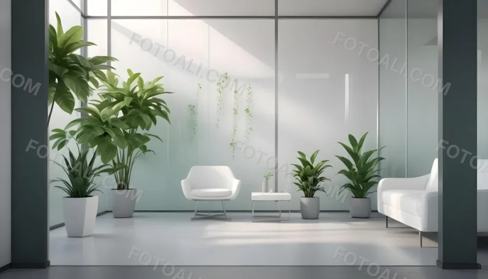 3d Model Modern Office Waiting Room With Frosted Glass Walls A White Lounge Chair And A Small Green Plant In The Background Figure Octane Render Volumetric Highly Detailed Videogame Aesthetic 5 7f28