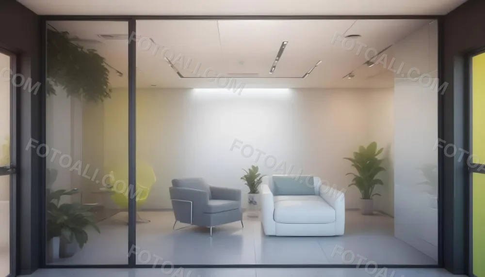 3d Model Modern Office Waiting Room With Frosted Glass Walls A White Lounge Chair And A Small Green Plant In The Background Figure Octane Render Volumetric Highly Detailed Videogame Aesthetic 6 9632