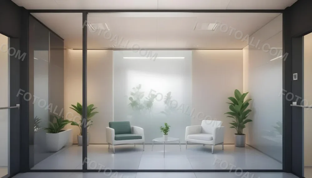 3d Model Modern Office Waiting Room With Frosted Glass Walls A White Lounge Chair And A Small Green Plant In The Background Figure Octane Render Volumetric Highly Detailed Videogame Aesthetic 7 Eb89