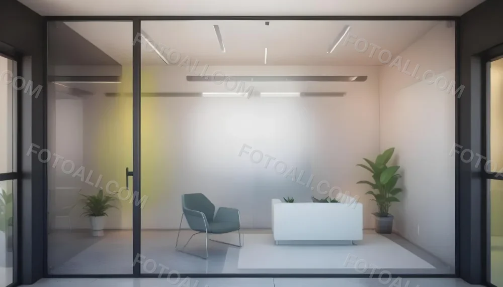 3d Model Modern Office Waiting Room With Frosted Glass Walls A White Lounge Chair And A Small Green Plant In The Background Figure Octane Render Volumetric Highly Detailed Videogame Aesthetic 8 C8ca