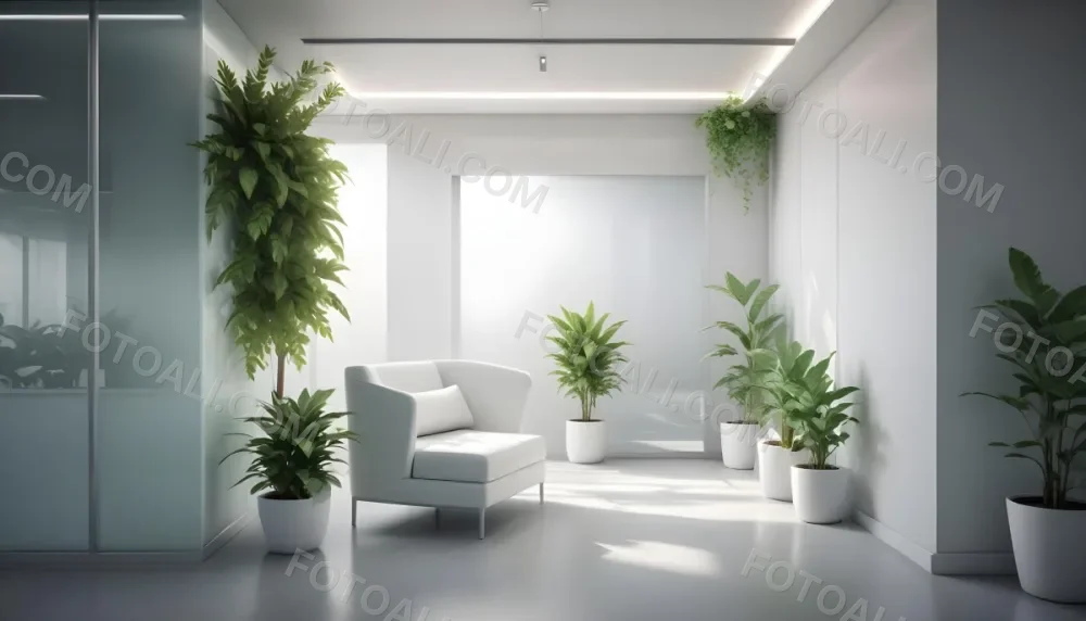 3d Model Modern Office Waiting Room With Frosted Glass Walls A White Lounge Chair And A Small Green Plant In The Background Figure Octane Render Volumetric Highly Detailed Videogame Aesthetic 9 B4cc