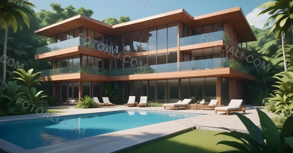 3d Model Modern Two Story House With A Wooden Exterior Large Glass Windows And A Spacious Patio The Scene Includes A Swimming Pool Lounge Chairs And Tropical Plants In The Foreground The Background Features Lush 13 09db