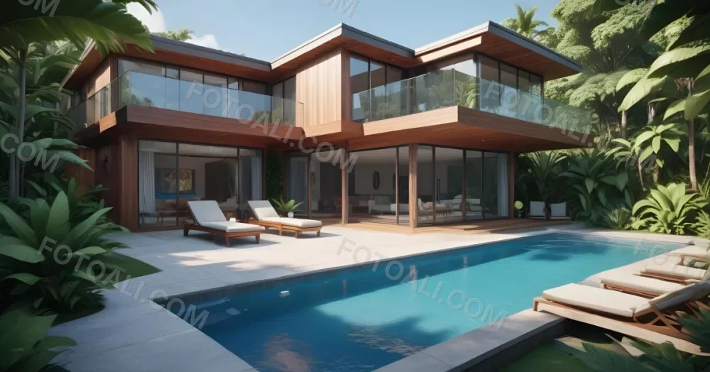 3d Model Modern Two Story House With A Wooden Exterior Large Glass Windows And A Spacious Patio The Scene Includes A Swimming Pool Lounge Chairs And Tropical Plants In The Foreground The Background Features Lush 14 72d4