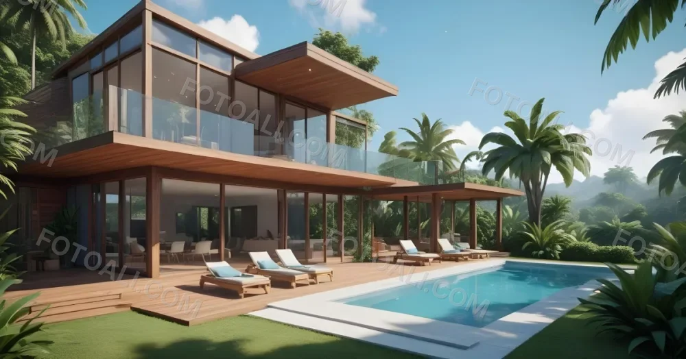 3d Model Modern Two Story House With A Wooden Exterior Large Glass Windows And A Spacious Patio The Scene Includes A Swimming Pool Lounge Chairs And Tropical Plants In The Foreground The Background Features Lush 15 D484