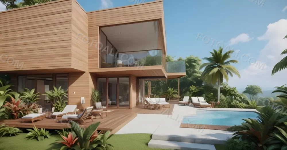 3d Model Modern Two Story House With A Wooden Exterior Large Glass Windows And A Spacious Patio The Scene Includes A Swimming Pool Lounge Chairs And Tropical Plants In The Foreground The Background Features Lush 17 D659